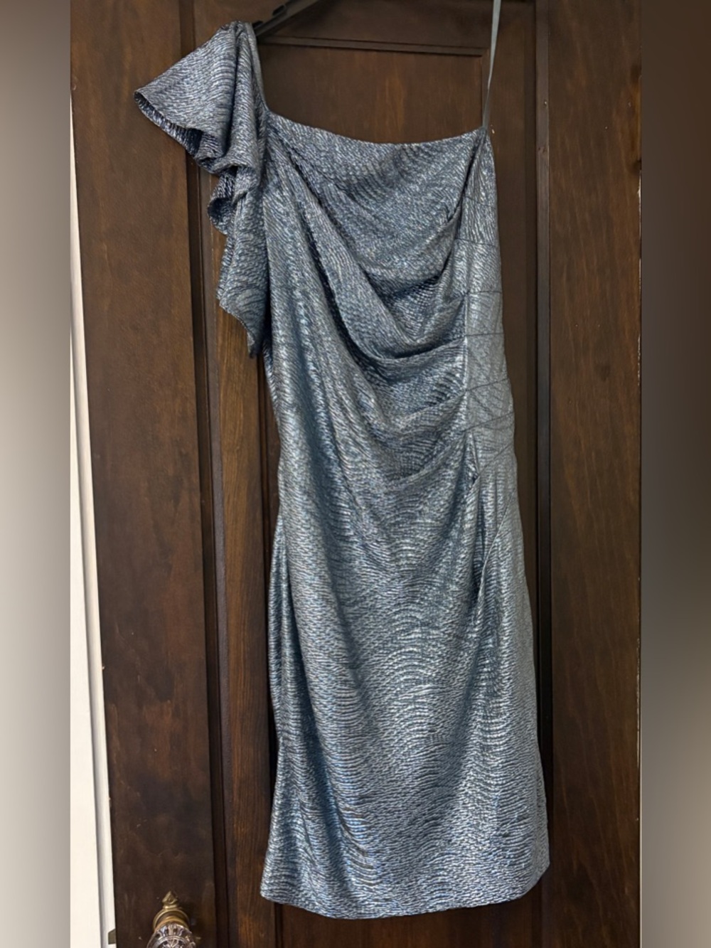 Hailey Logan One-Shoulder Metallic Blue Evening Dress